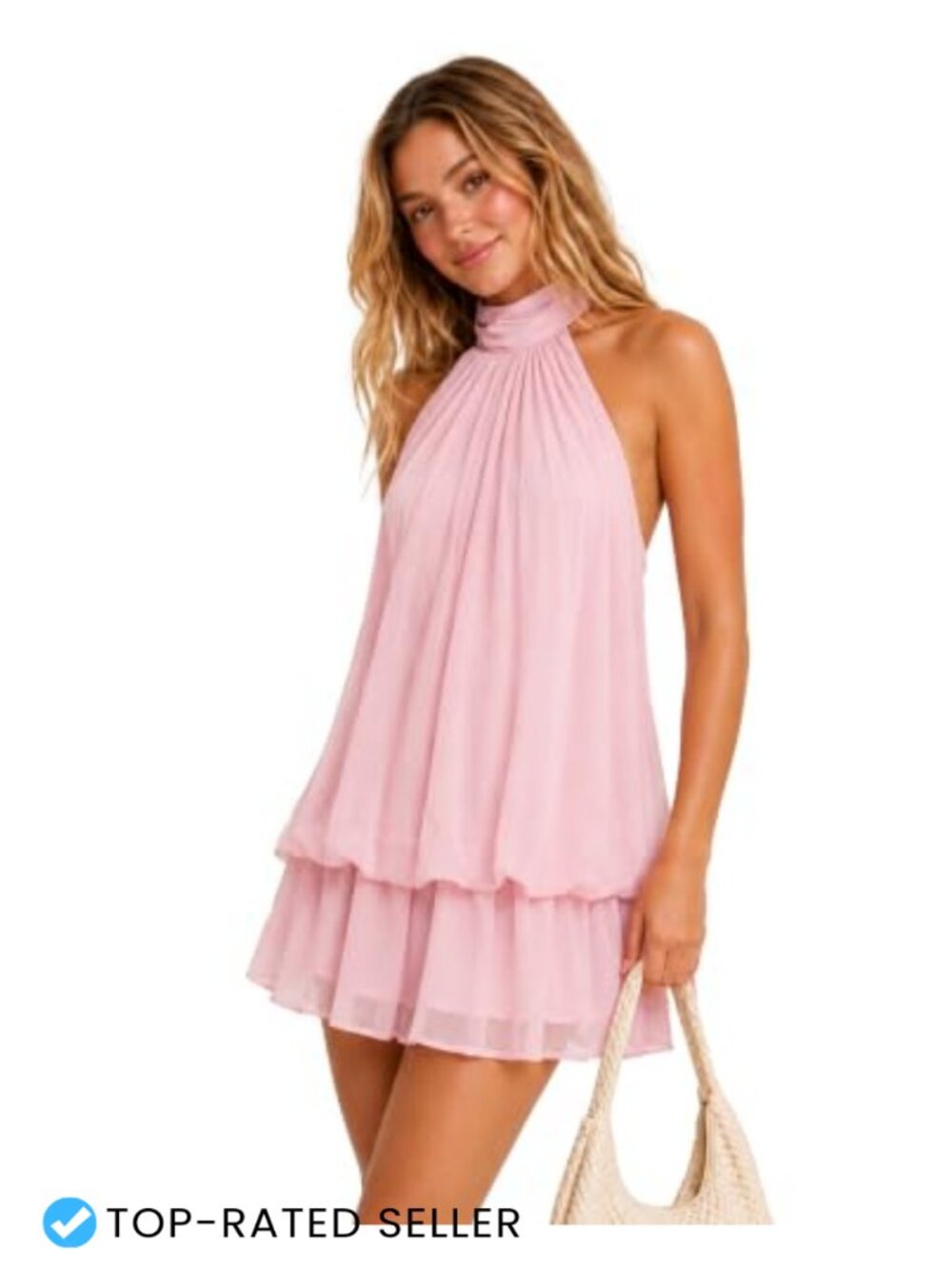 Womens Halter Chiffon Ruffle Backless Drop Waist Mini Dress